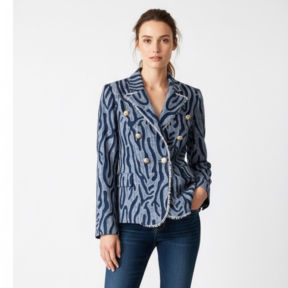 Alberto Makali Blue Denim Zebra Pattern Blazer, Gold tone buttons. Size 8